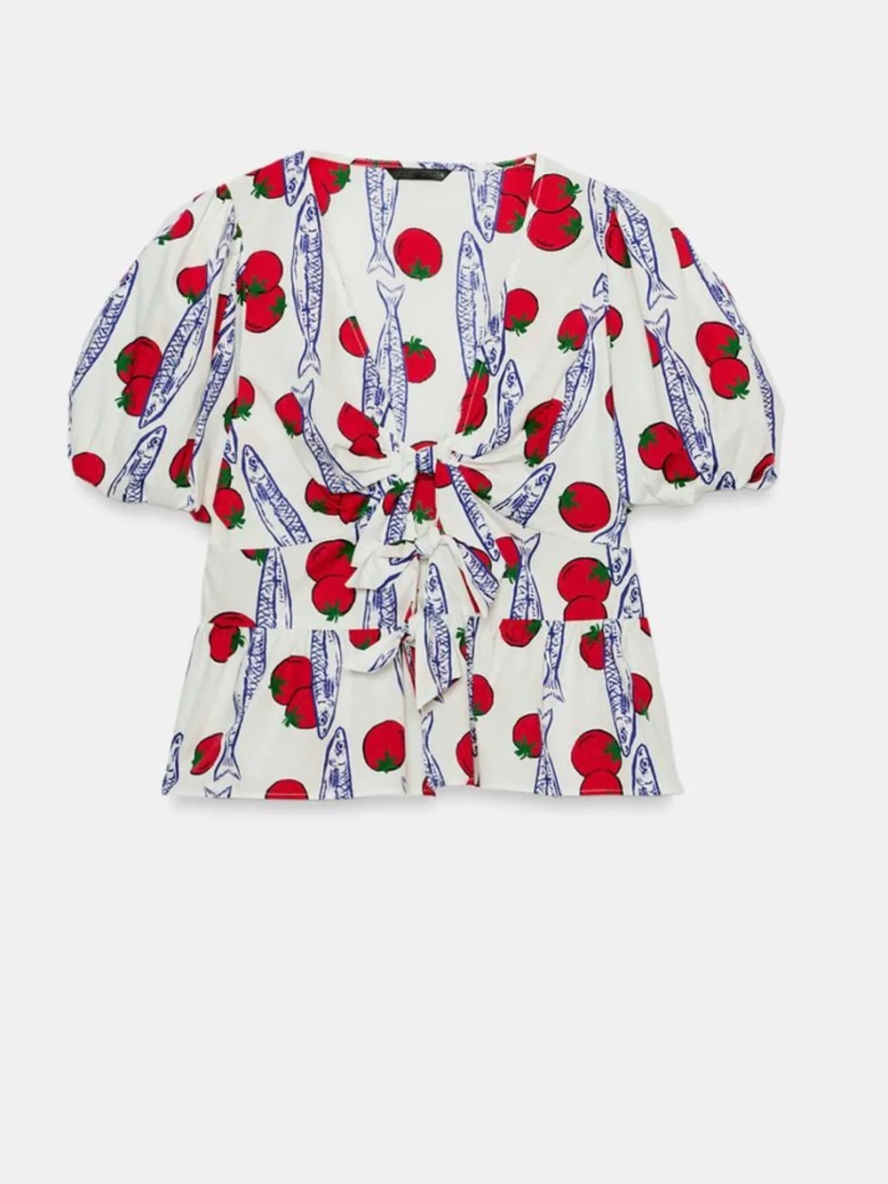 New With Tags Tie-Front Puff Sleeve Top in White with Red Print